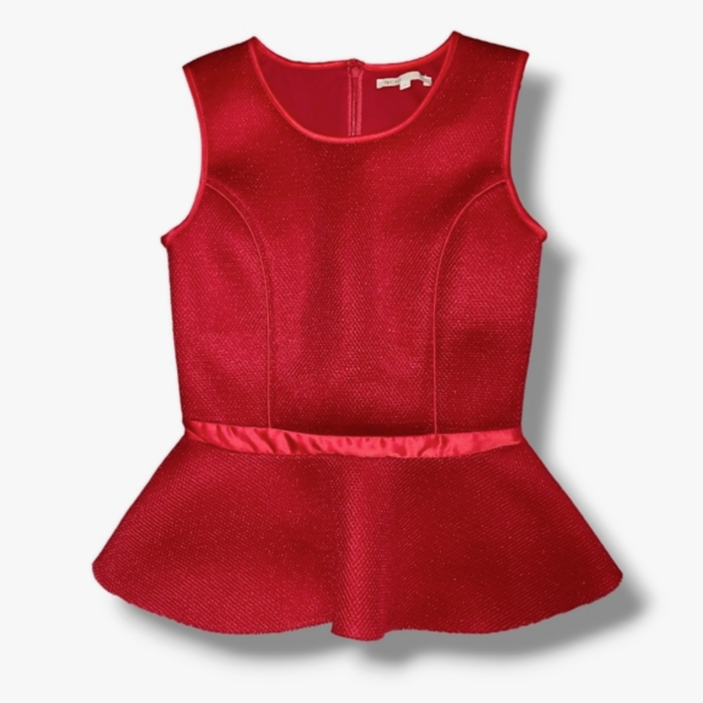 MAJE Red Mesh Structured Sleeveless Peplum Top